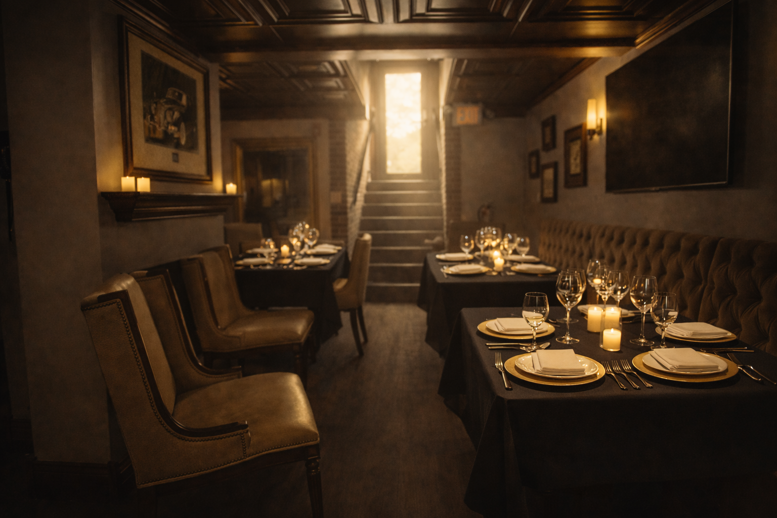 A candlelit private dining room prepared for dinner